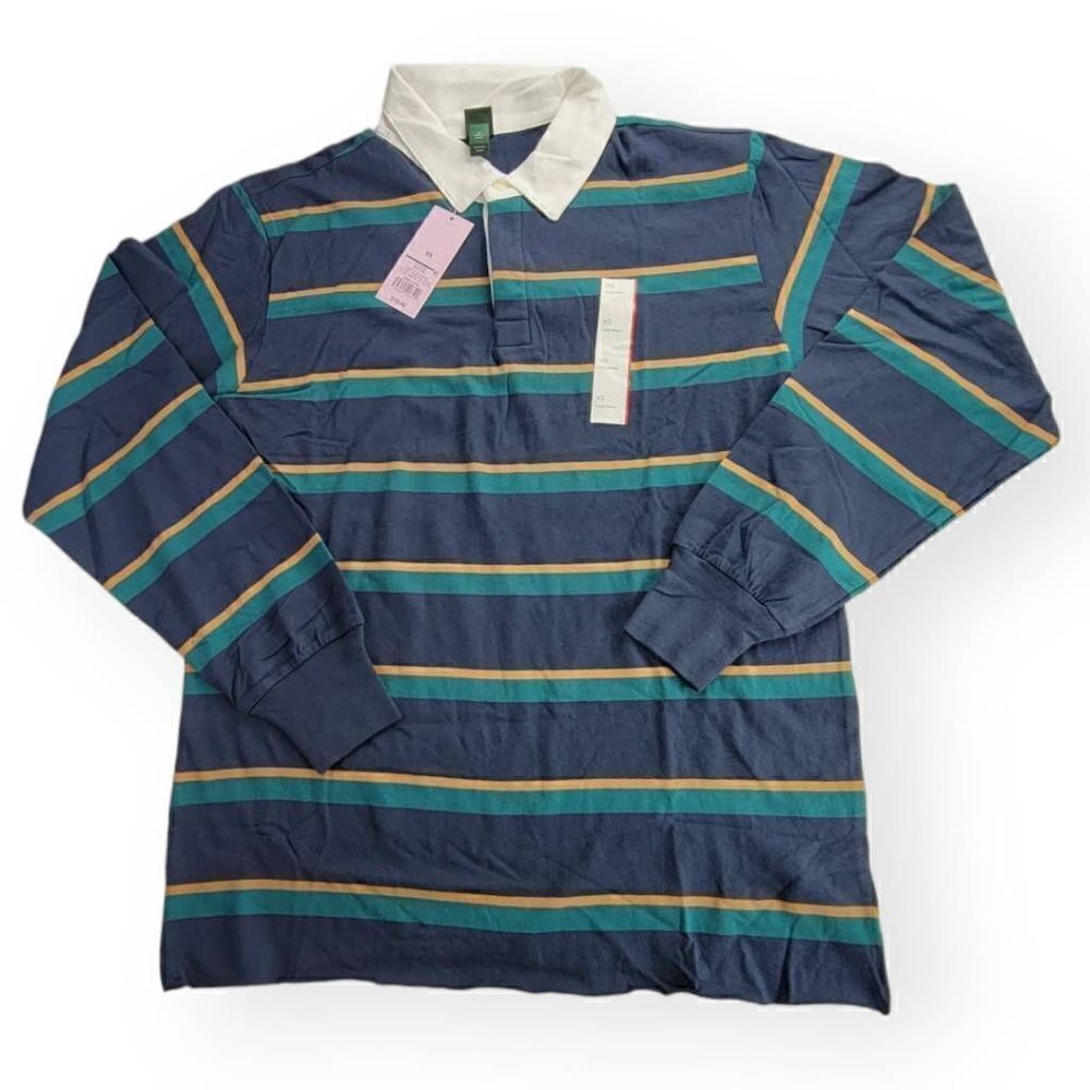 Wild Fable Navy Rugby Striped Collared Unisex Oversized Shirt XS